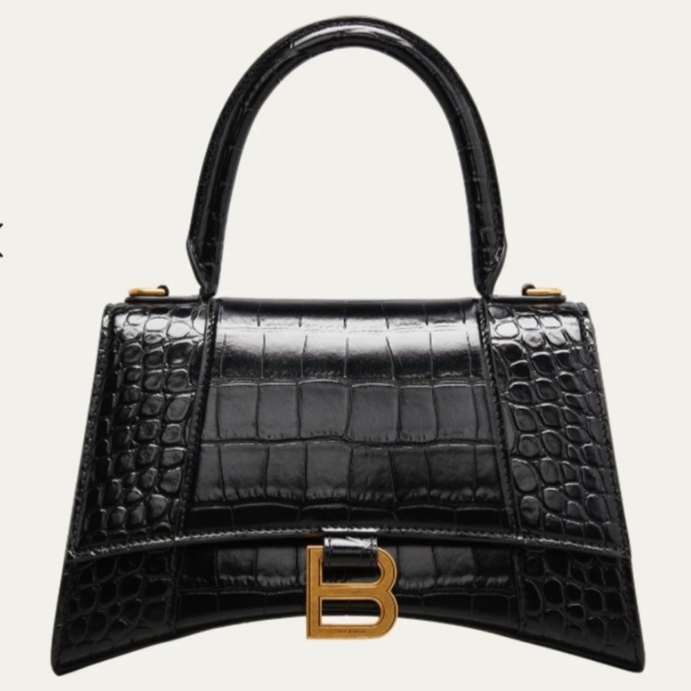 Balenciaga Hourglass Small Black Croc-Embossed Handbag